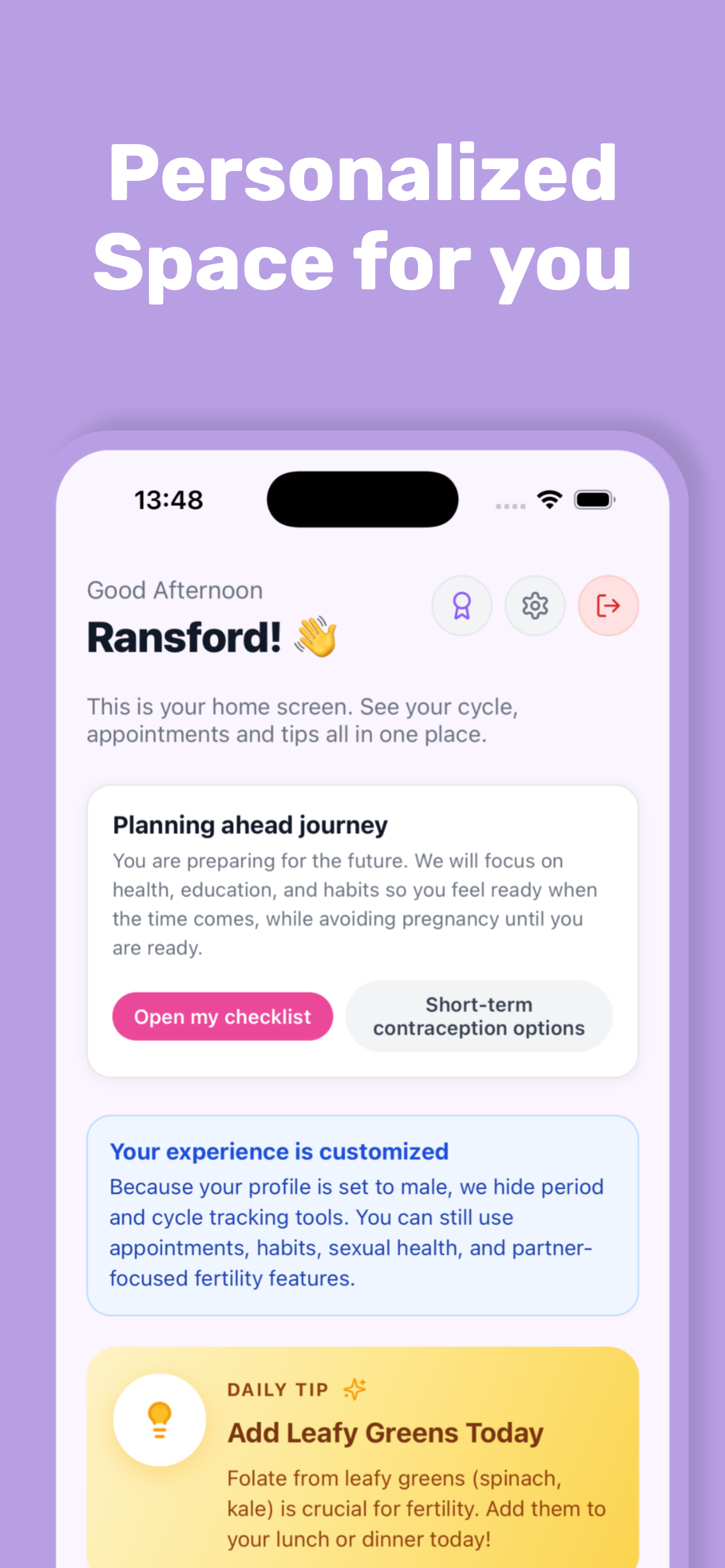 Awotumi [Ah-woh-TOO-mee] app screenshot: fertility insights
